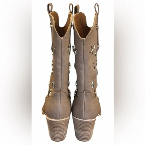 Ccocci Star Studded Western Booties Size 7 Taupe Pull On Pointed Toe Block Heel - Picture 7 of 13